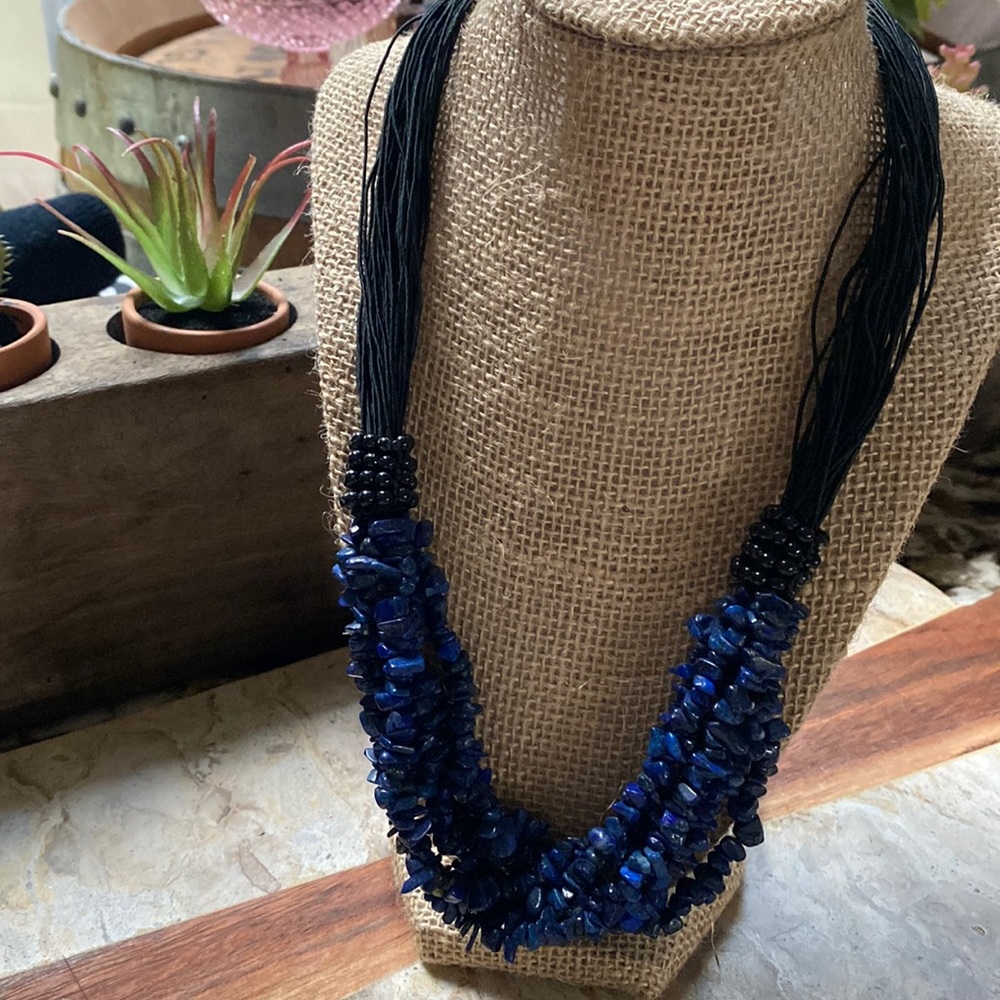 Lapis Lazuli Chip Stone and Silk Necklace
